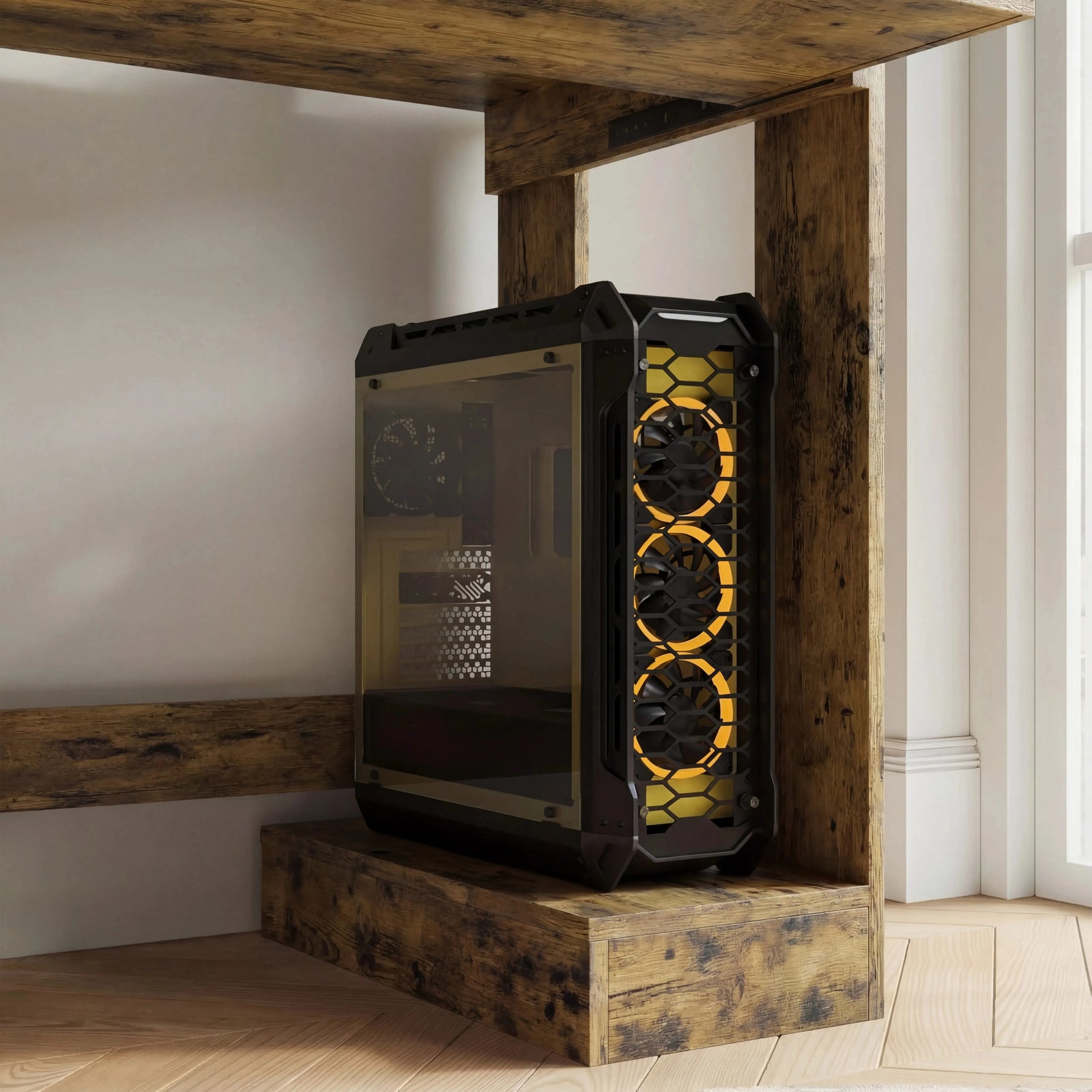 [Rustic] Under-desk view of small computer desk in rustic finish with black yellow-fan gaming PC case on base