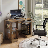 [Rustic] Rustic small computer desk styled in corner with mesh task chair, round rug and window-side greenery