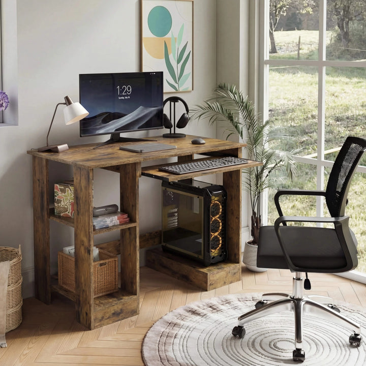 [Rustic] Rustic small computer desk styled in corner with mesh task chair, round rug and window-side greenery