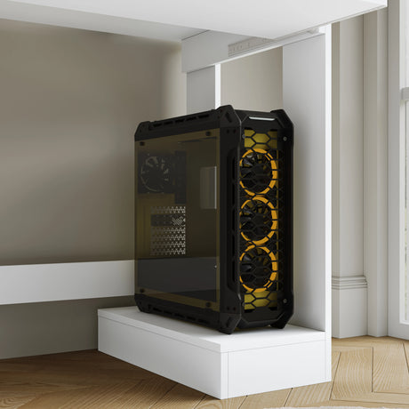 Home Office Computer Desk With Shelves For Working, Reading & Gaming featuring a mounted black and yellow gaming PC case with triple front fans under the desk.