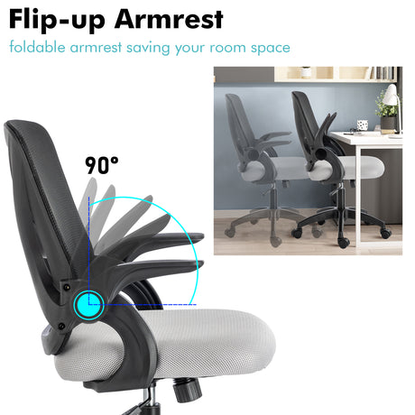 Small desk and chair with space-saving design and flip-up armrest for added convenience.