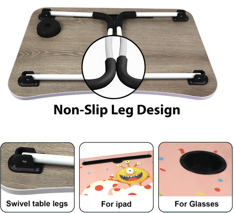 Small desk table for laptop with non-slip leg design, swivel legs, perfect for iPad and glasses.