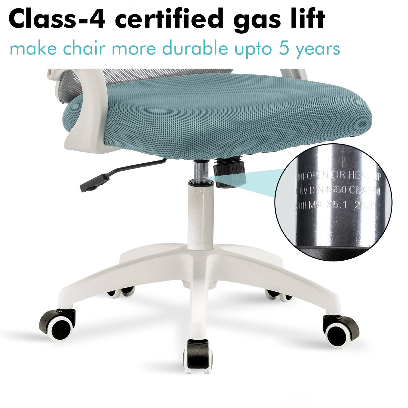 Compact desk with chair featuring a Class 4 certified gas lift for adjustable height.