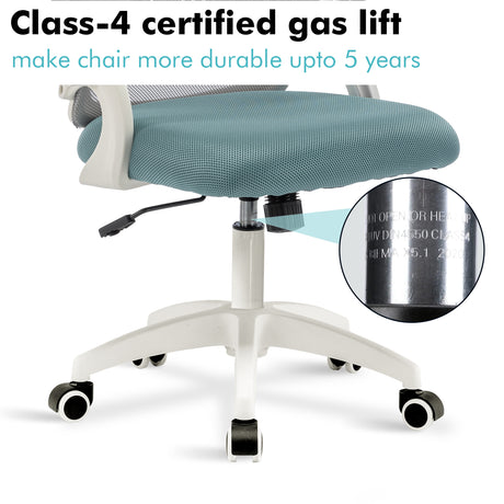 Compact desk with chair featuring a Class 4 certified gas lift for adjustable height.