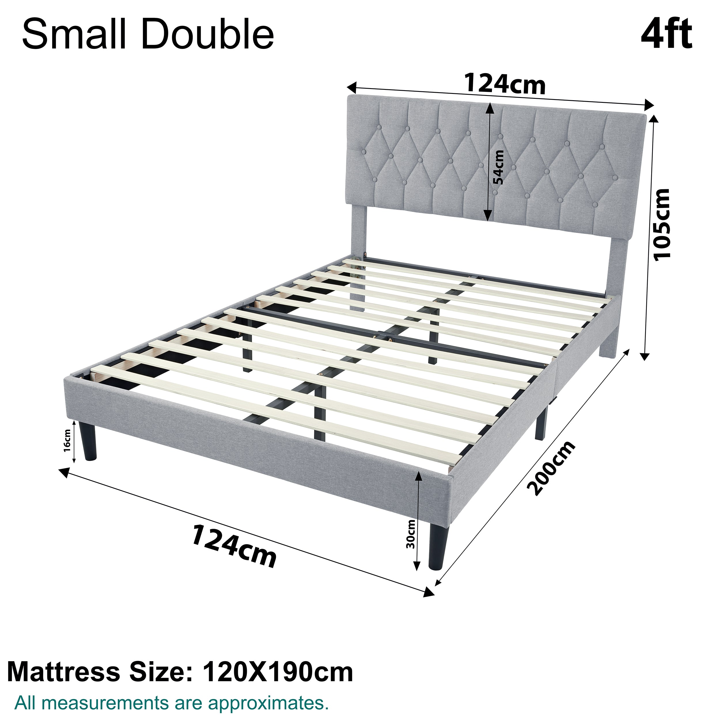 Small double bed frame size 4ft with dimensions and mattress size 120x190cm.