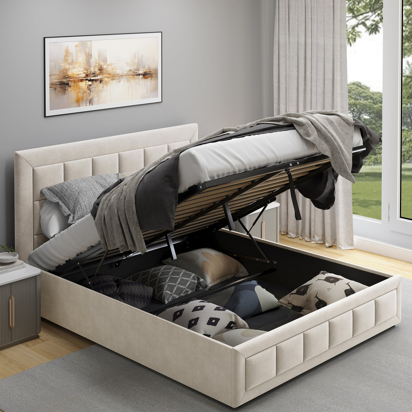 Beige small double bed frame with ottoman storage, offering comfort and extra space.