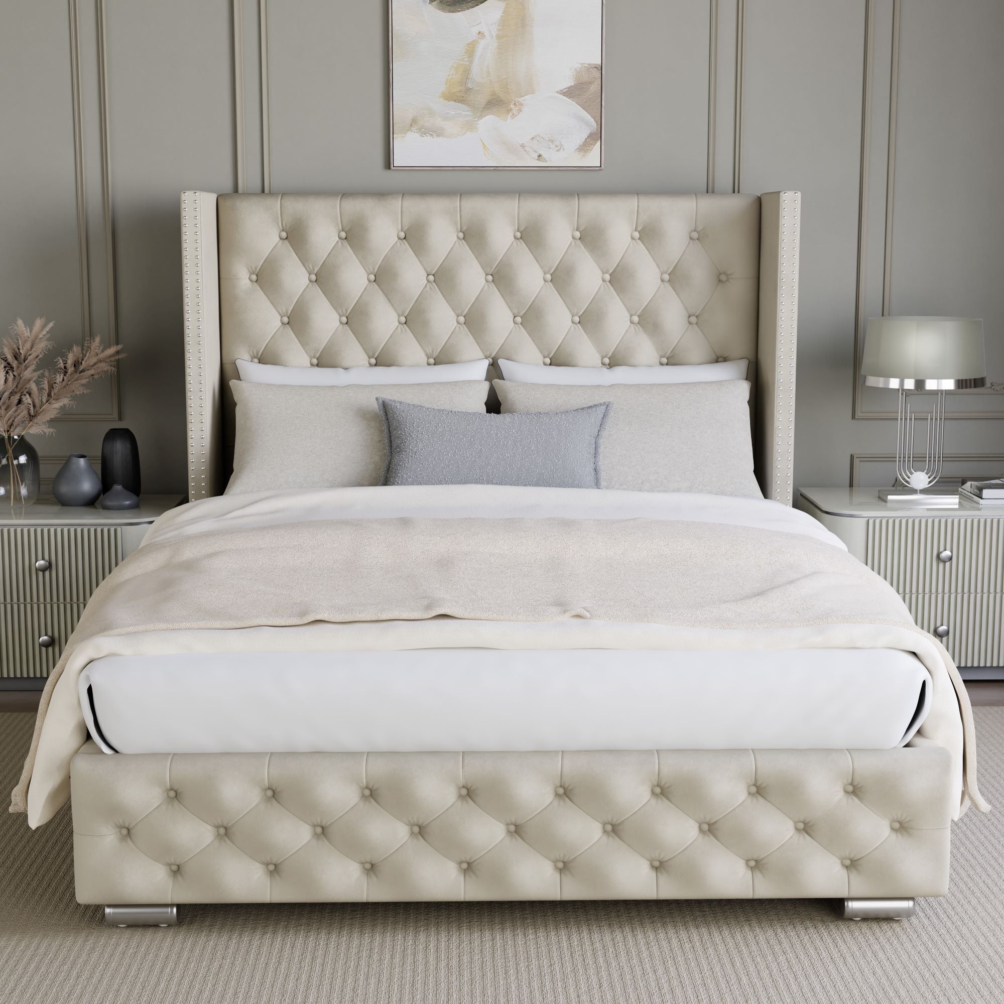 Small double bed frame with storage, upholstered in elegant beige fabric.