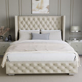 Small double bed frame with storage, upholstered in elegant beige fabric.