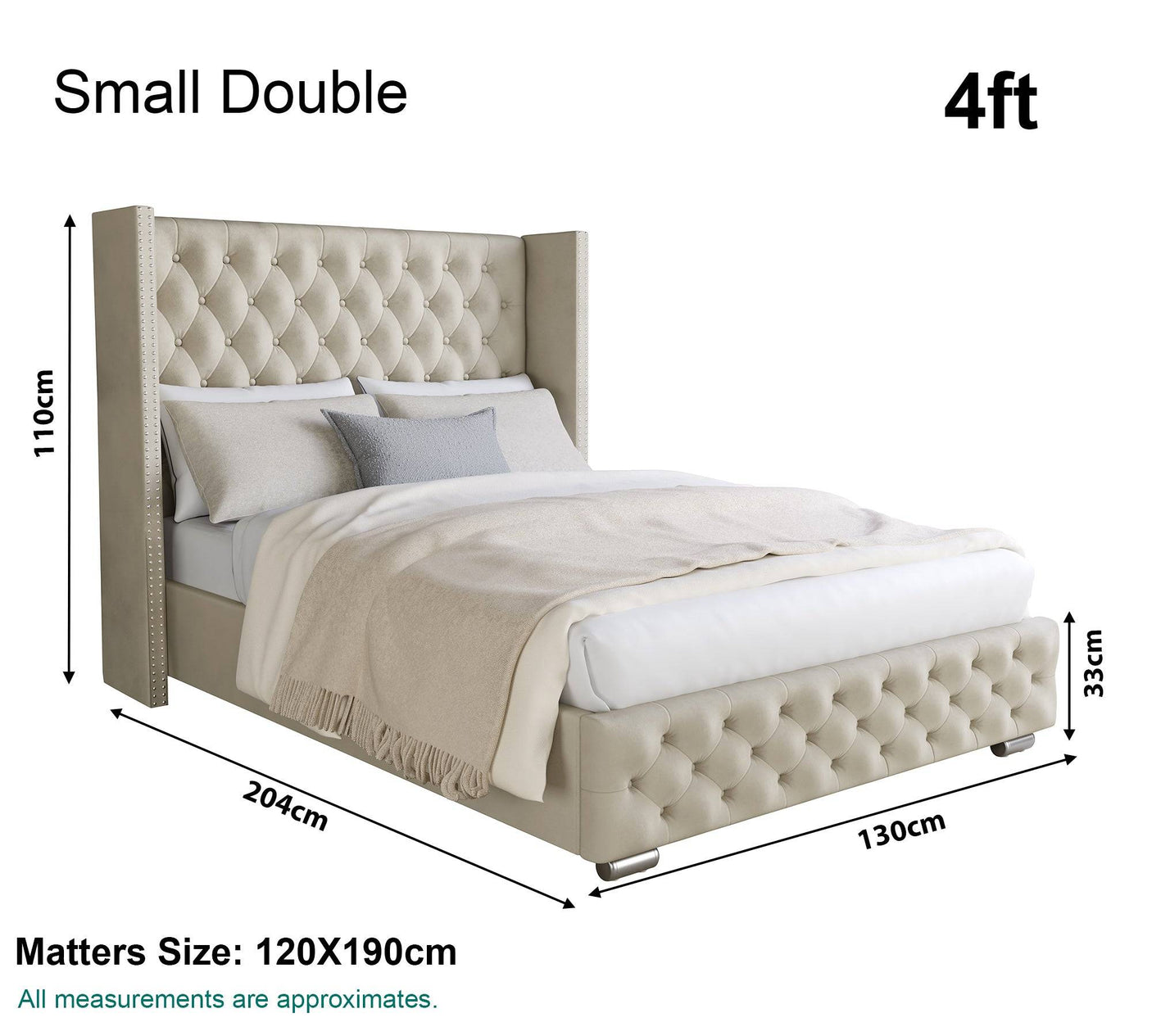 Small double bed size in cm , 204cm x 85cm x 130cm, ideal for cozy comfort.
