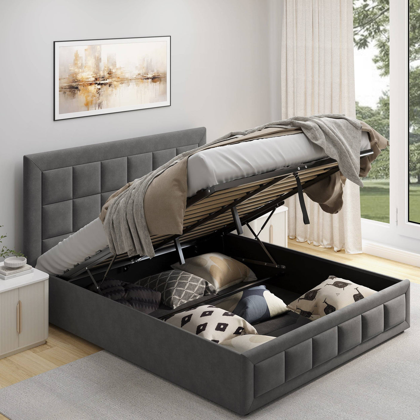 small double bed with ottoman storage , featuring cushions and bags for added convenience.
