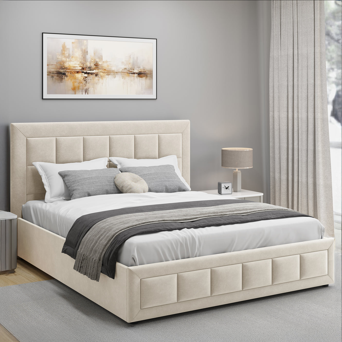 Grey small double bed with ottoman, complete with cushions and pillows for comfort.