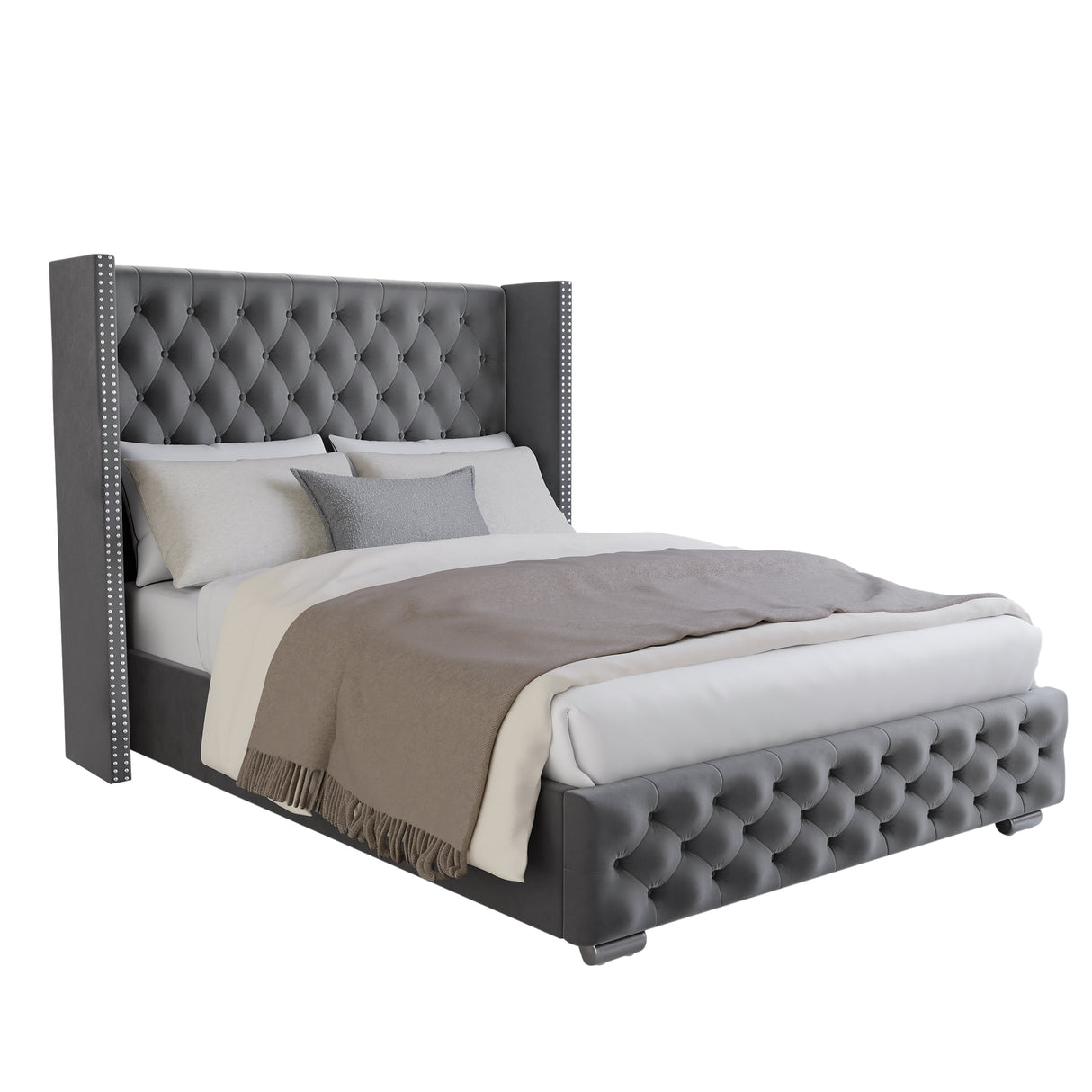 Small double bed with storage, tufted headboard, and elegant design for modern bedrooms.