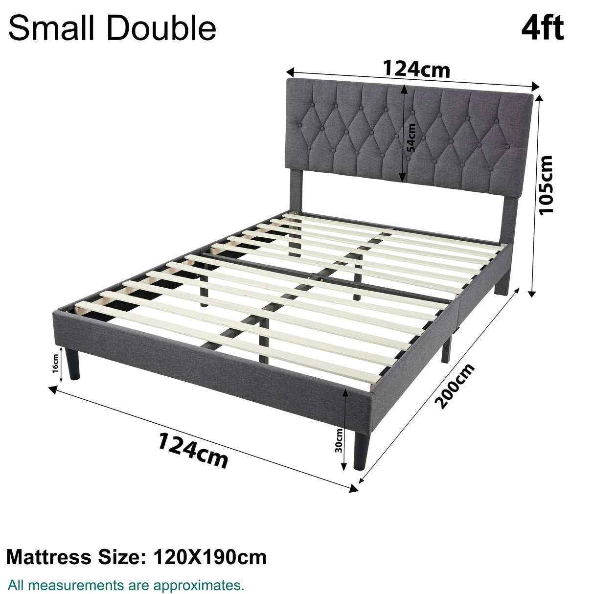 Small double bed wooden frame, 4ft size with tufted headboard and sturdy slat base.