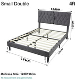 Small double bed wooden frame, 4ft size with tufted headboard and sturdy slat base.