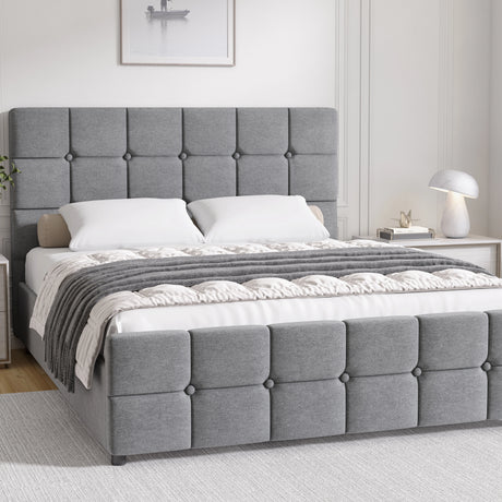 Gray upholstered bed with tufted design in a bedroom setting