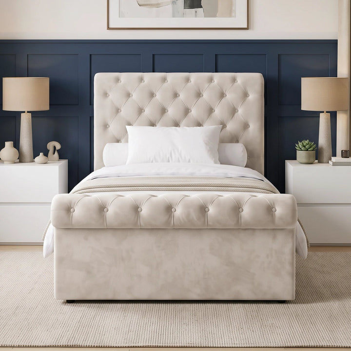 [Small Double | Beige] Straight front view with tufted headboard, matching footboard, bedside tables, curtains, and wall art