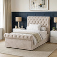 [Small Double | Beige] Angled bedroom view with tufted headboard, rolled footboard, twin lamps, artwork, and rug