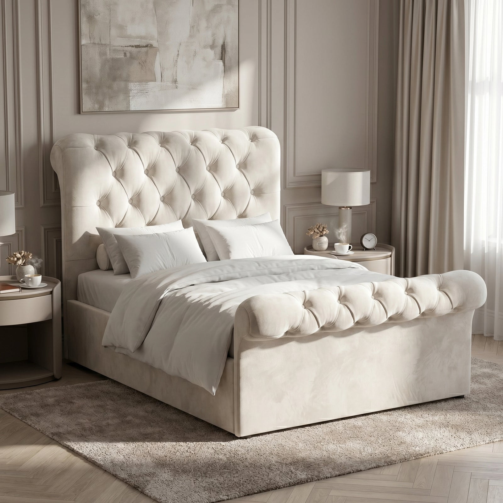 [Small Double | Beige] Angled bedroom view with tufted headboard, rolled footboard, white bedding, side tables, and wall art
