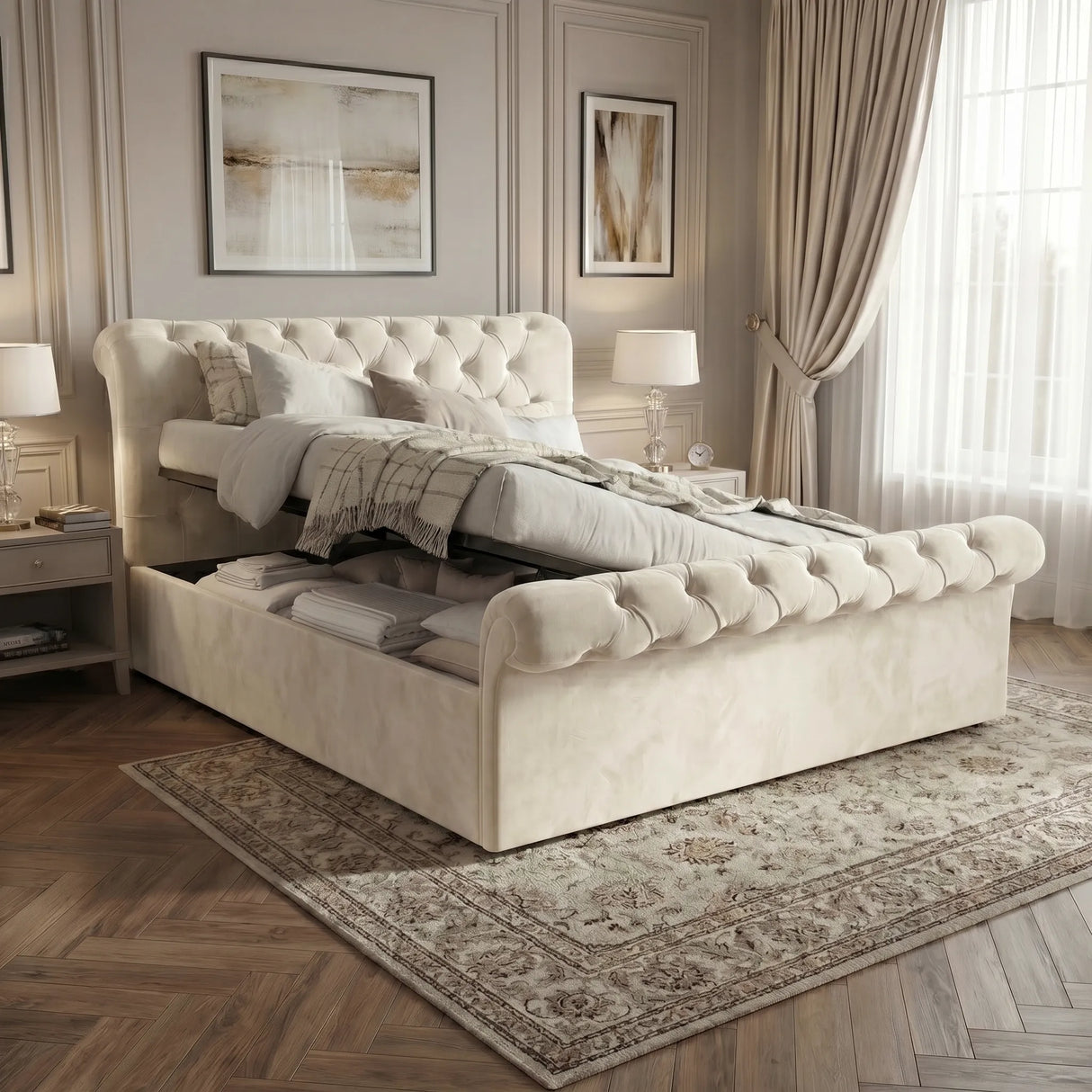 [Small Double | Beige] Chesterfield Ottoman Bed with deep button tufting, rolled sleigh frame, and open storage base