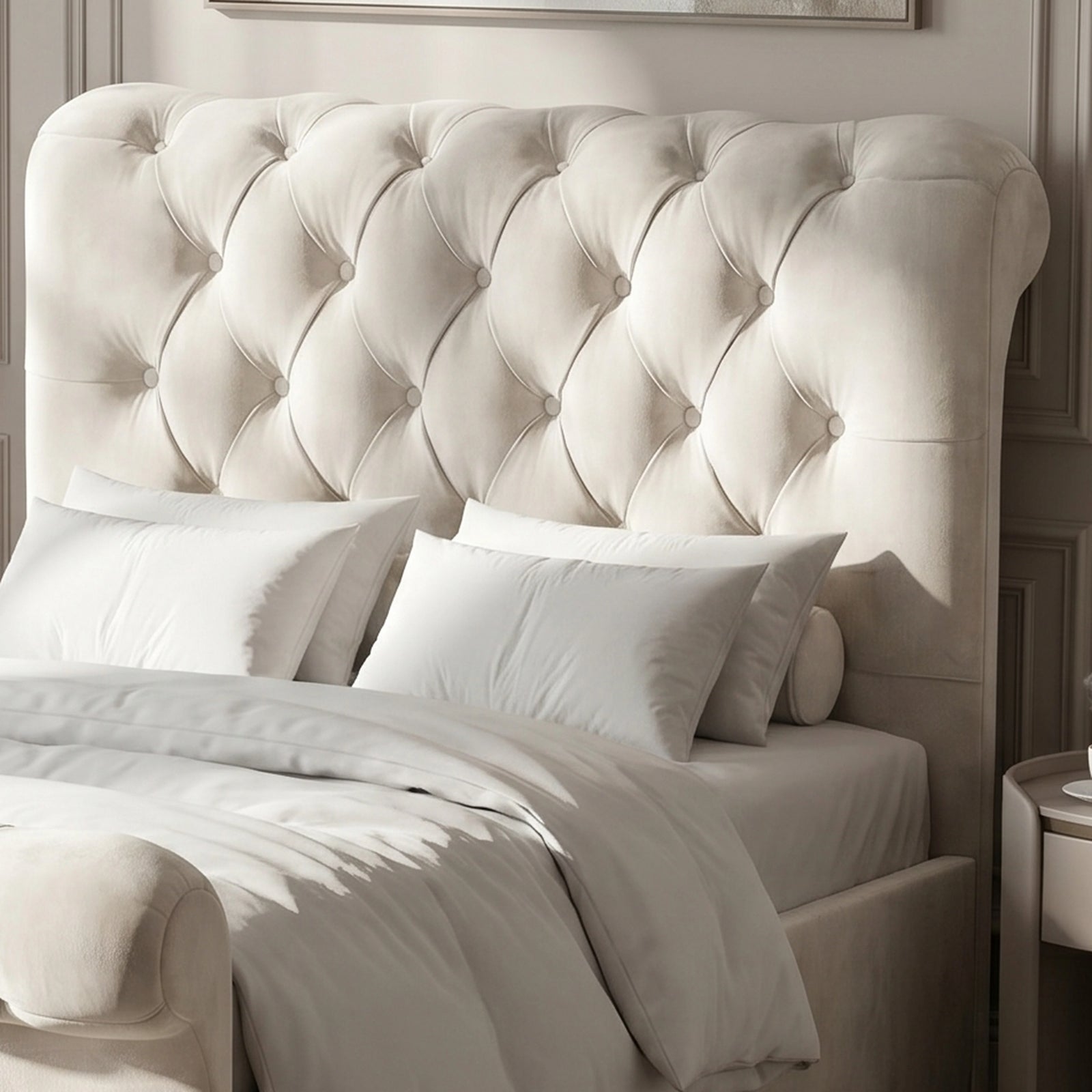 [Small Double | Beige] Close view of tufted headboard with button detailing, white pillows, bedding, and rounded side bolster