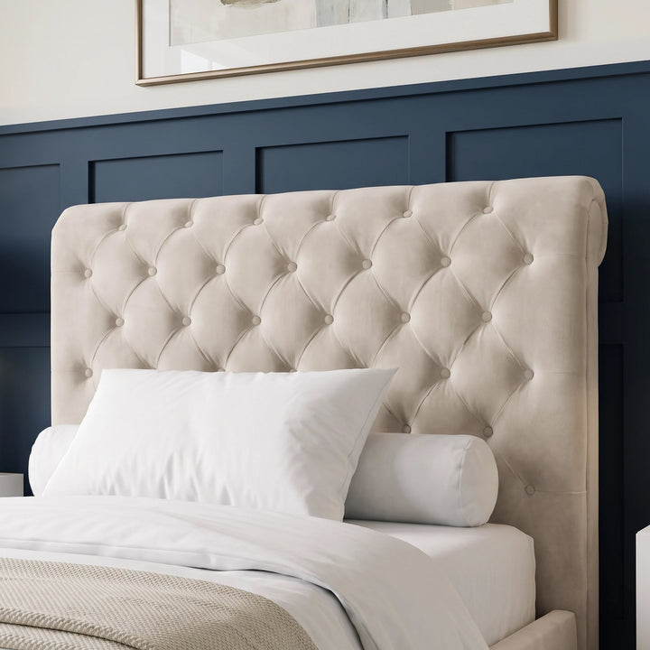 [Small Double | Beige] Close-up of tufted headboard with button detail, rounded side edge, pillows, and panelled wall
