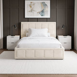 [Small Double | Beige] Front view of the Small Double Beige Velvet Ottoman Storage Bed Frame with stitched block headboard and matching footboard.
