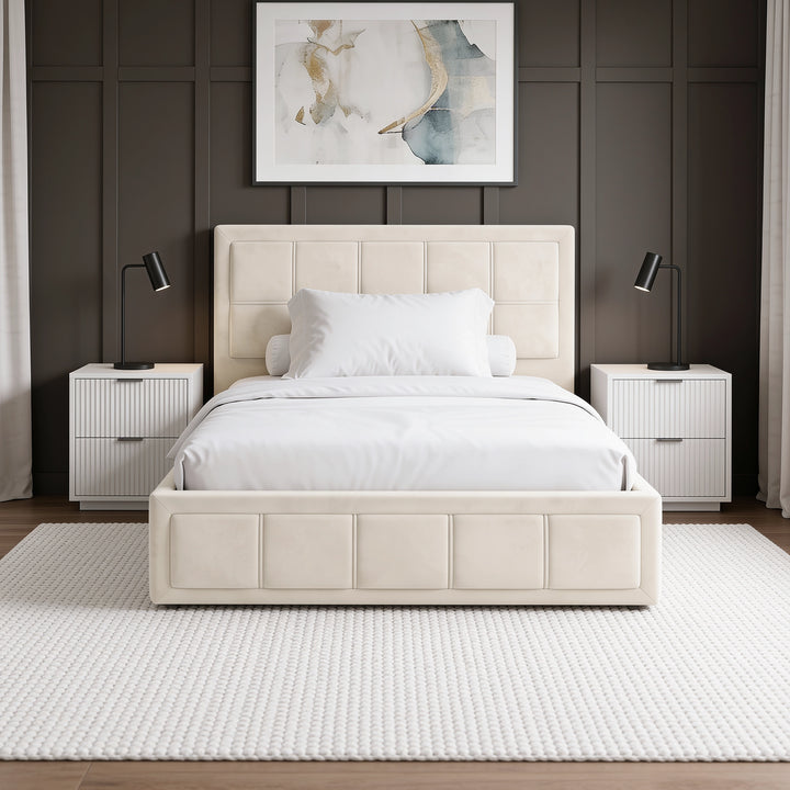 [Small Double | Beige] Front view of the Small Double Beige Velvet Ottoman Storage Bed Frame with stitched block headboard and matching footboard.