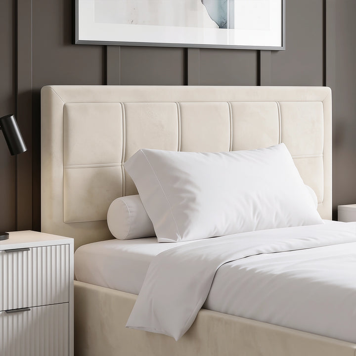 [Small Double | Beige] Close-up view of the stitched grid-pattern beige velvet headboard on the Small Double Beige Velvet Ottoman Storage Bed Frame.