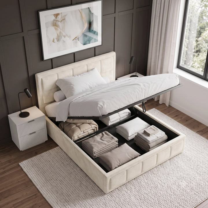 [Small Double | Beige] Overhead view of the raised hydraulic lift revealing full under-bed storage on the Small Double Beige Velvet Ottoman Storage Bed Frame.