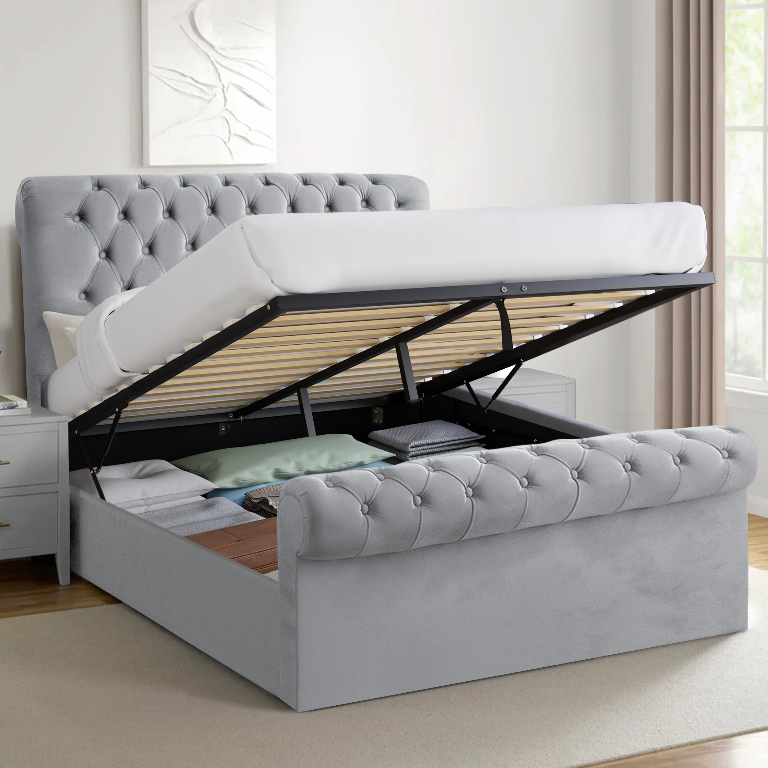 Small double Chesterfield ottoman bed with elegant tufted upholstery and hidden storage.