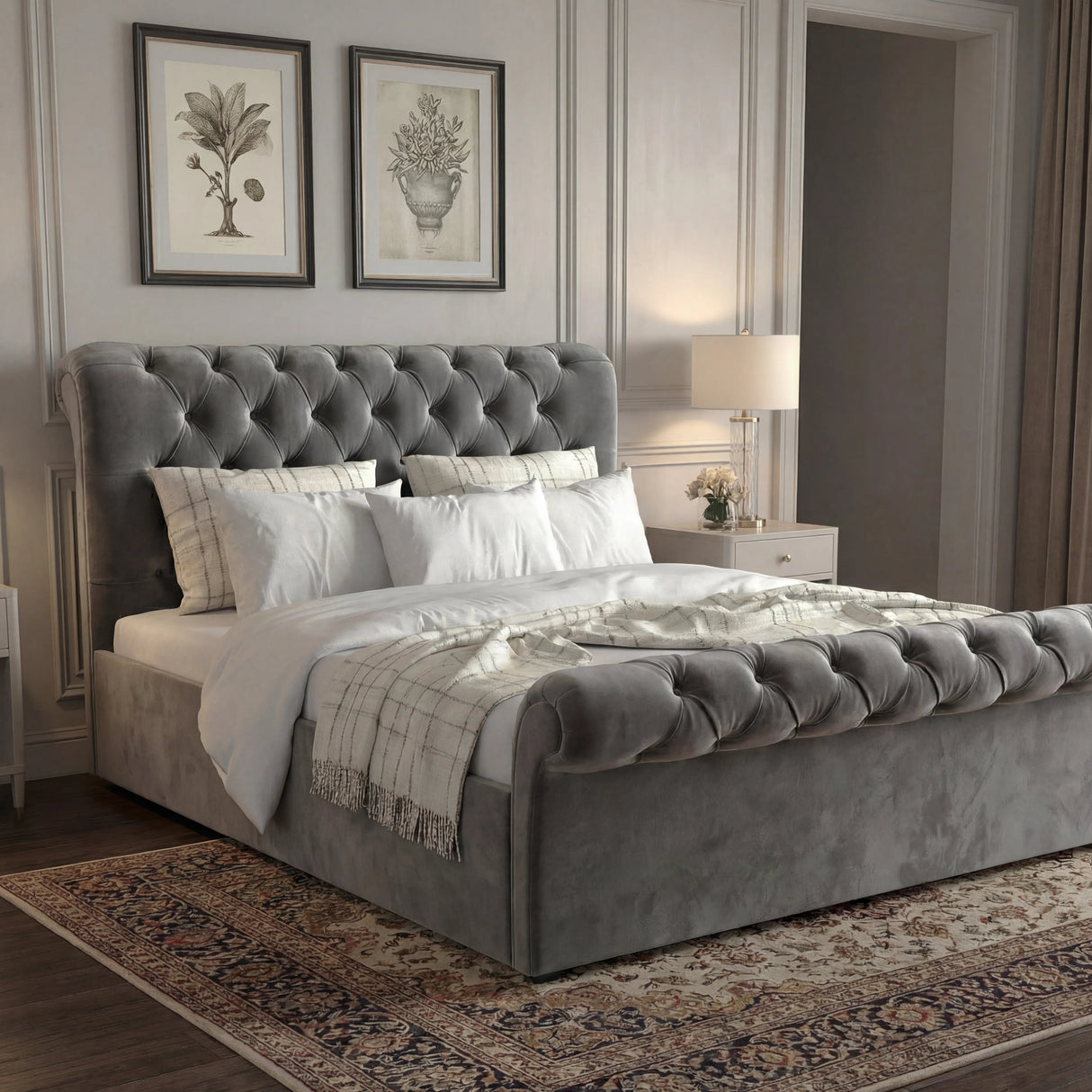 [Small Double | Dark Grey] Side view of a small double dark grey chesterfield ottoman storage bed with padded side panels