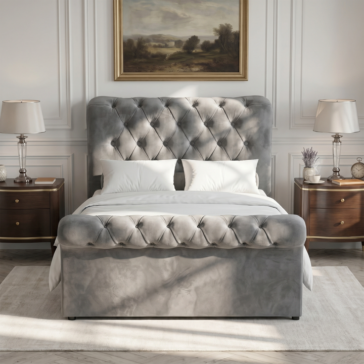 [Small Double | Dark Grey] Front view of Chesterfield bed with matching tufted footboard, lamps, side tables, and wall art.