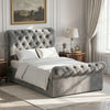 [Small Double | Dark Grey] Chesterfield bed in styled room with tufted headboard, footboard, white bedding, and side tables.