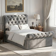 [Small Double | Dark Grey] Chesterfield bed in styled room with tufted headboard, footboard, white bedding, and side tables.