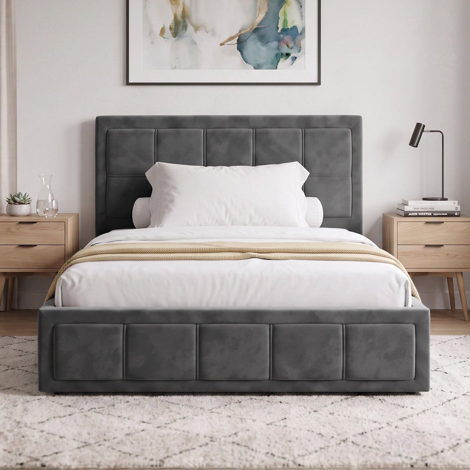 [Small Double | Grey] upholstered bed frame with a tufted headboard and matching footboard, shown in a styled bedroom setting with white bedding, light wood nightstands, beige curtains, and a framed abstract print on the wall.