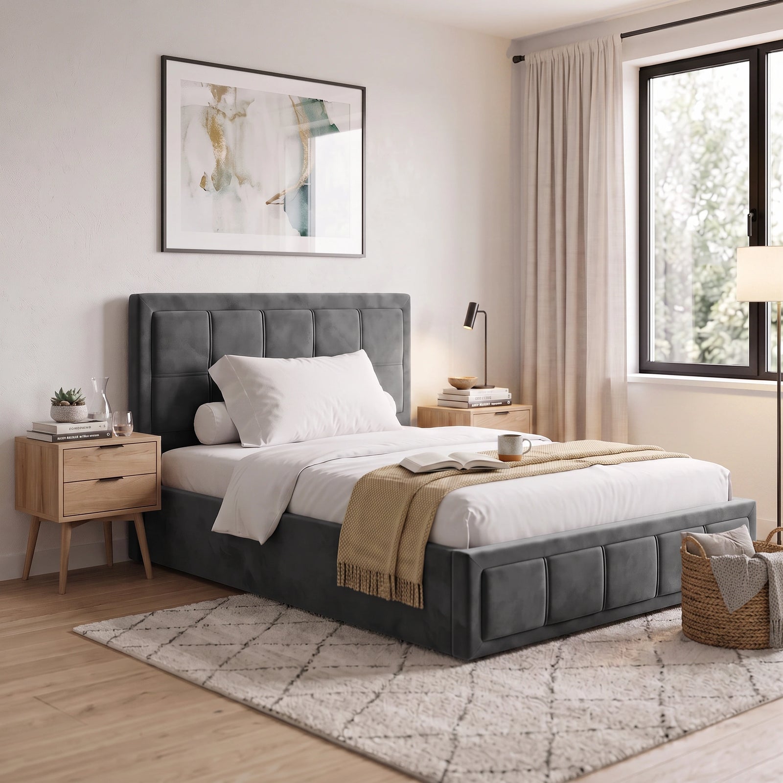 [Small Double | Grey] modern bedroom scene featuring a grey tufted upholstered bed frame with white bedding, a beige throw blanket, a light wood nightstand, and a patterned rug in a bright, neutral-toned room.