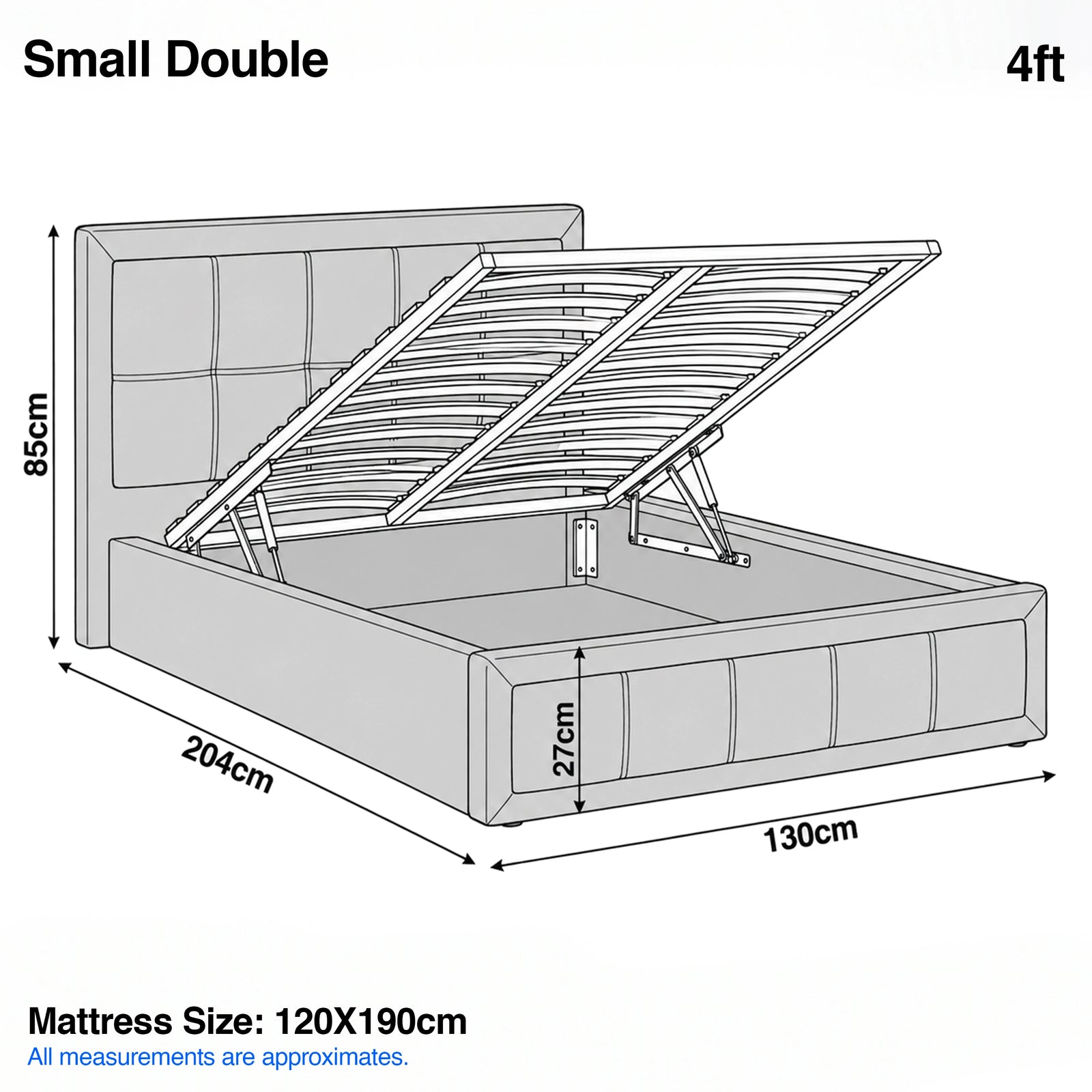 [Small Double | Grey] Small Double 4ft diagram: mattress 120x190cm, frame 130x204cm, headboard 85cm, storage 27cm deep