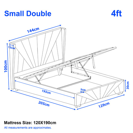 Diagram of a small double bed with dimensions labeled