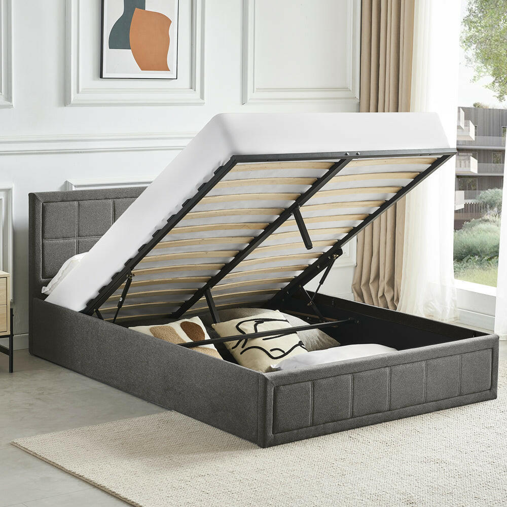 Small double ottoman bed with side lift, offering convenient storage and easy access.