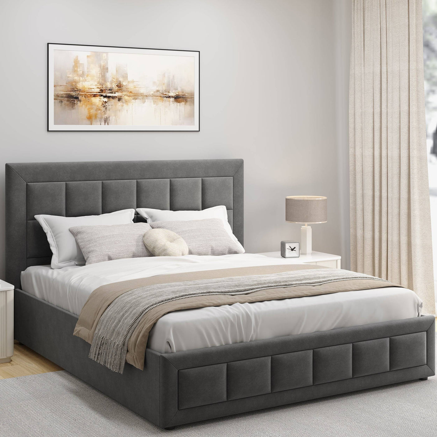 Grey small double ottoman beds frame with cushions and pillows for comfort and storage.