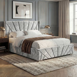[Small Double | Silver] Angled room view of Sunrise bed with pleated footboard, brown throw, and window curtains