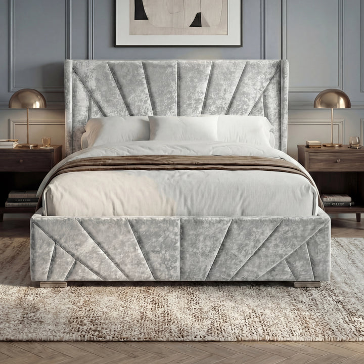 [Small Double | Silver] Front room view of Sunrise bed with wing headboard, framed art, and walnut bedside tables