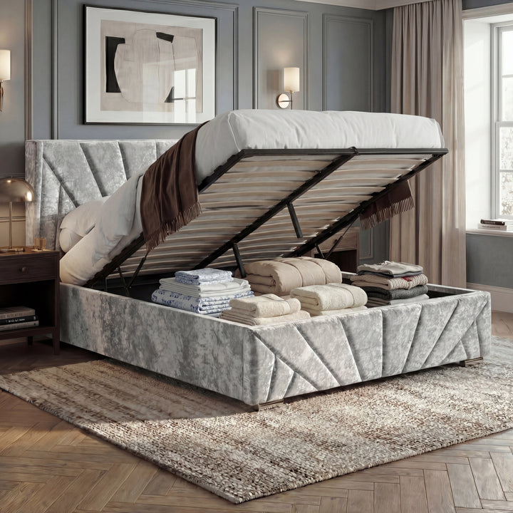 [Small Double | Silver] Open ottoman storage showing raised slatted base, gas struts, and folded bedding inside