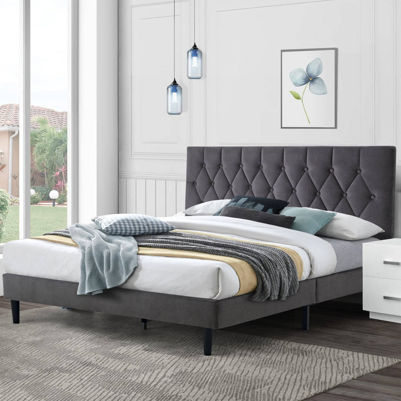Blisswood Chesterfield Bed Frame - Luxurious Velvet Grey Upholstery, Adjustable Headboard