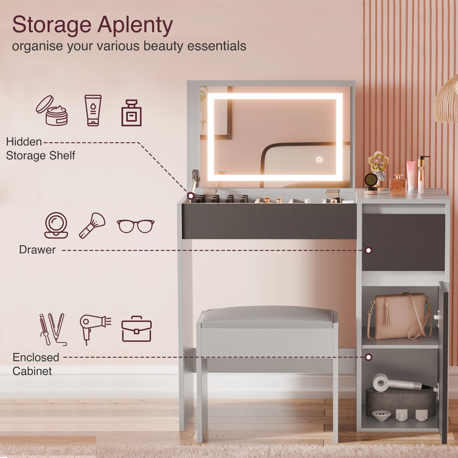 [Dark Grey + Light Grey] two-tone grey vanity Storage Aplenty callout on pink bg labelling hidden shelf, drawer and cabinet