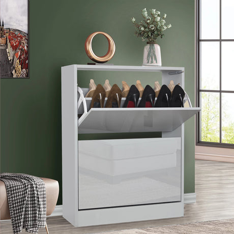 a hallway scene with grey gloss shoe cabinet open, showing top drawer neatly filled with shoes