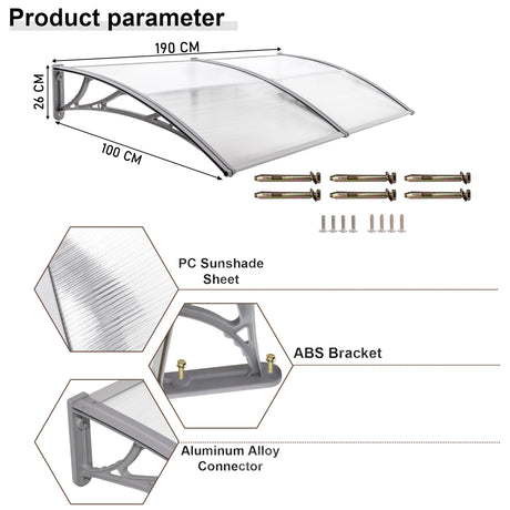 Small front door canopy with clear polycarbonate sheet, ABS brackets, and aluminum connectors.