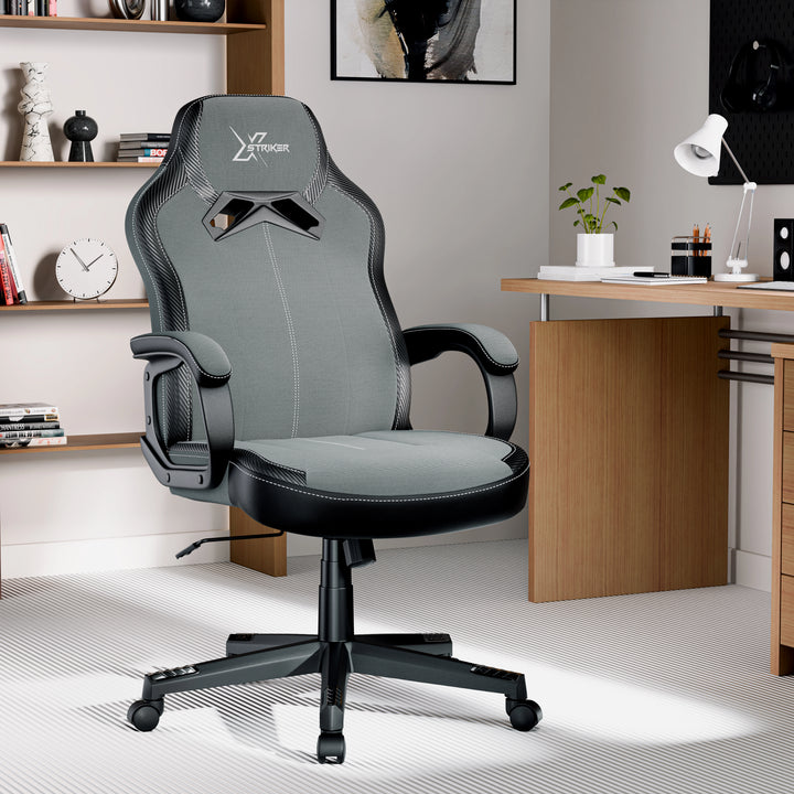 [Black + Grey] Xstriker home office chair in grey fabric with padded arms and adjustable height, ideal for home office or study desk setup in children's room.