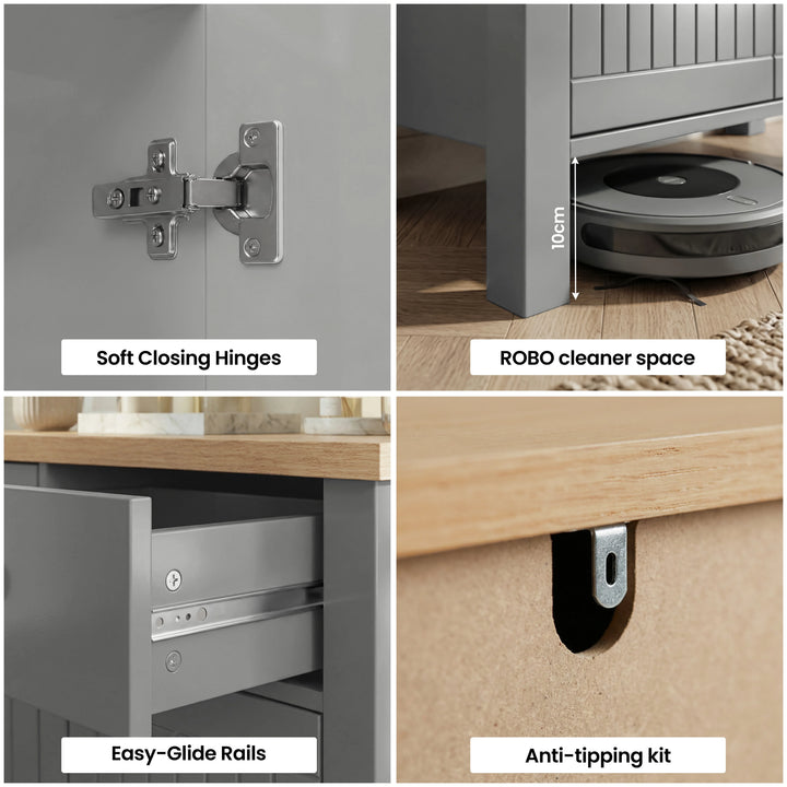 [Grey] Linra Grey Painted 2 Door Sideboard with Drawers - Oak Top quad diagram highlighting four key functional design details.