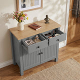 [Grey] Linra Grey Painted 2 Door Sideboard with Drawers - Oak Top high-angle look with its top two drawers pulled out.